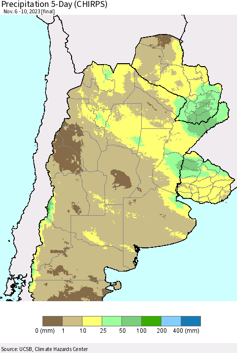Southern South America Precipitation 5-Day (CHIRPS) Thematic Map For 11/6/2023 - 11/10/2023