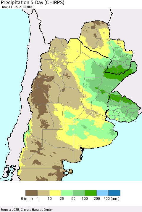 Southern South America Precipitation 5-Day (CHIRPS) Thematic Map For 11/11/2023 - 11/15/2023