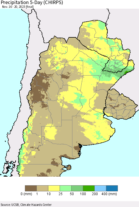 Southern South America Precipitation 5-Day (CHIRPS) Thematic Map For 11/16/2023 - 11/20/2023