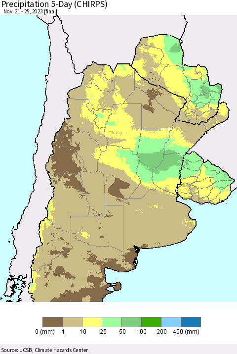 Southern South America Precipitation 5-Day (CHIRPS) Thematic Map For 11/21/2023 - 11/25/2023