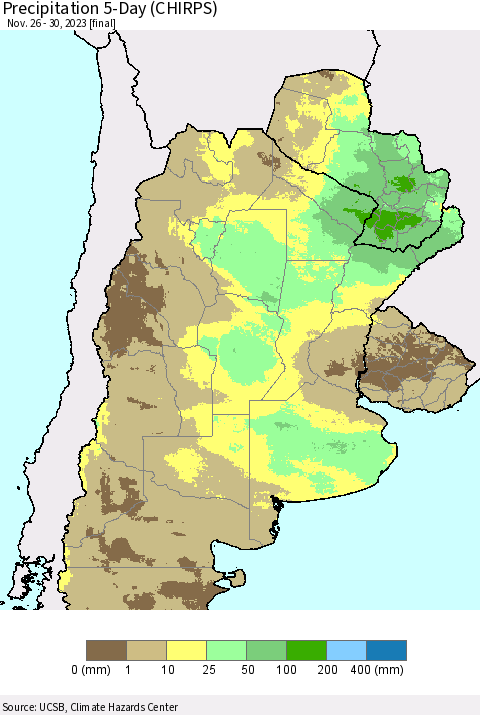 Southern South America Precipitation 5-Day (CHIRPS) Thematic Map For 11/26/2023 - 11/30/2023