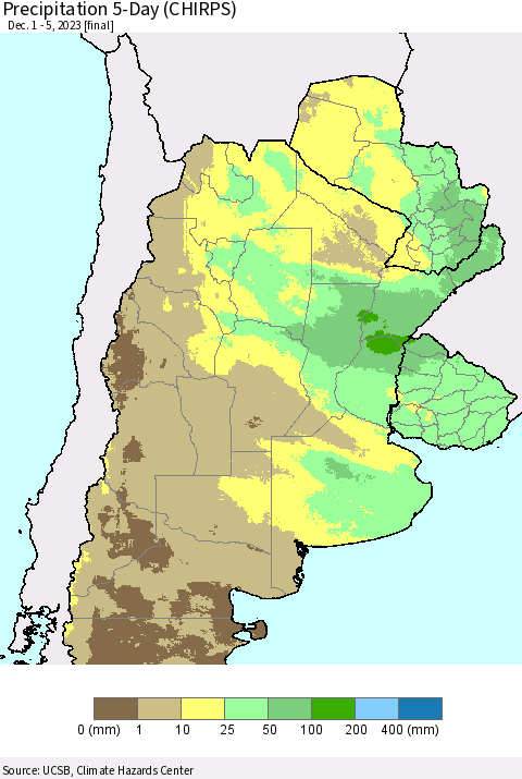 Southern South America Precipitation 5-Day (CHIRPS) Thematic Map For 12/1/2023 - 12/5/2023