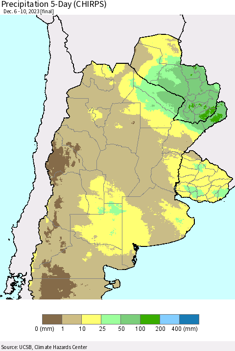 Southern South America Precipitation 5-Day (CHIRPS) Thematic Map For 12/6/2023 - 12/10/2023