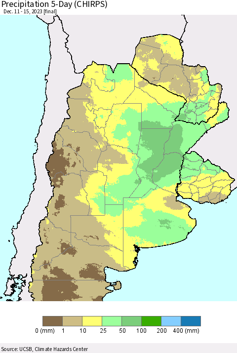 Southern South America Precipitation 5-Day (CHIRPS) Thematic Map For 12/11/2023 - 12/15/2023