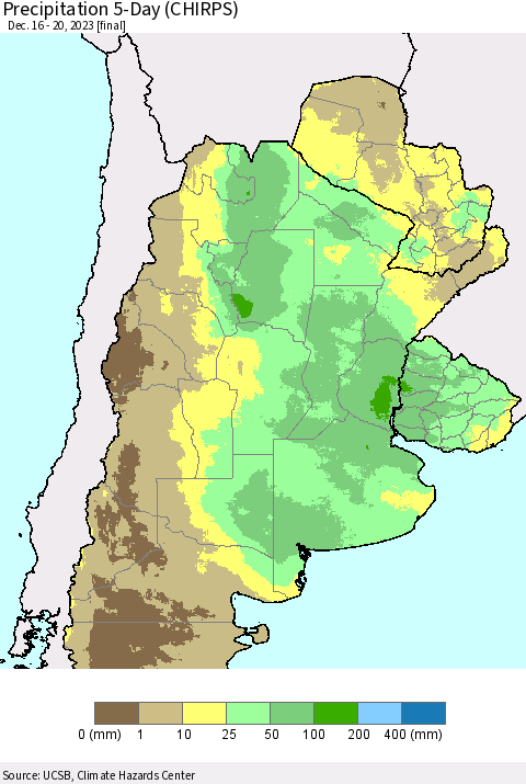 Southern South America Precipitation 5-Day (CHIRPS) Thematic Map For 12/16/2023 - 12/20/2023