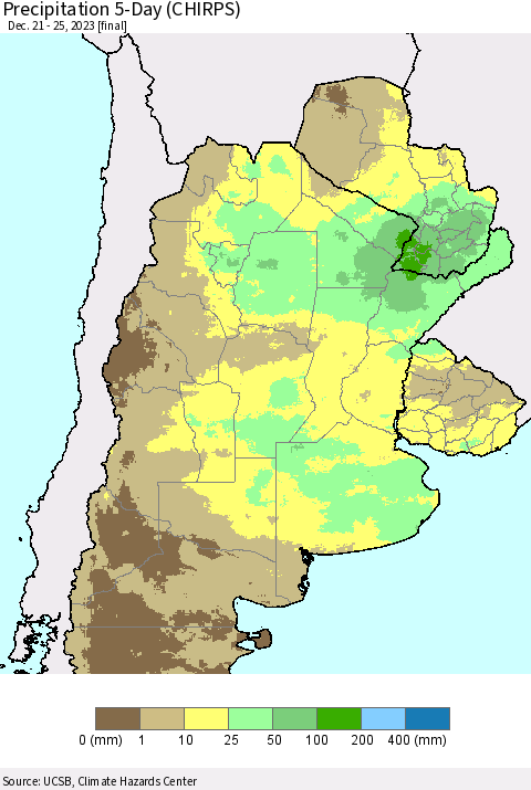 Southern South America Precipitation 5-Day (CHIRPS) Thematic Map For 12/21/2023 - 12/25/2023