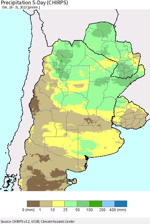 Southern South America Precipitation 5-Day (CHIRPS) Thematic Map For 12/26/2023 - 12/31/2023