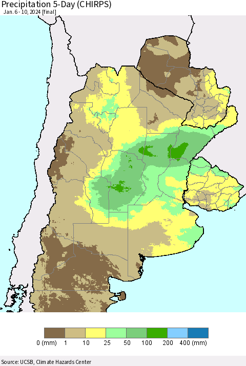 Southern South America Precipitation 5-Day (CHIRPS) Thematic Map For 1/6/2024 - 1/10/2024