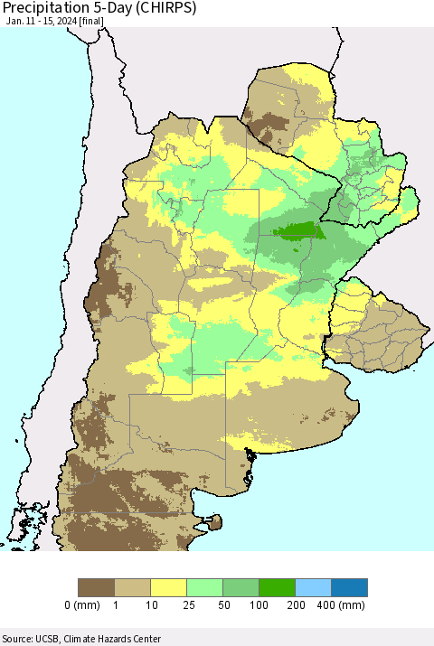 Southern South America Precipitation 5-Day (CHIRPS) Thematic Map For 1/11/2024 - 1/15/2024