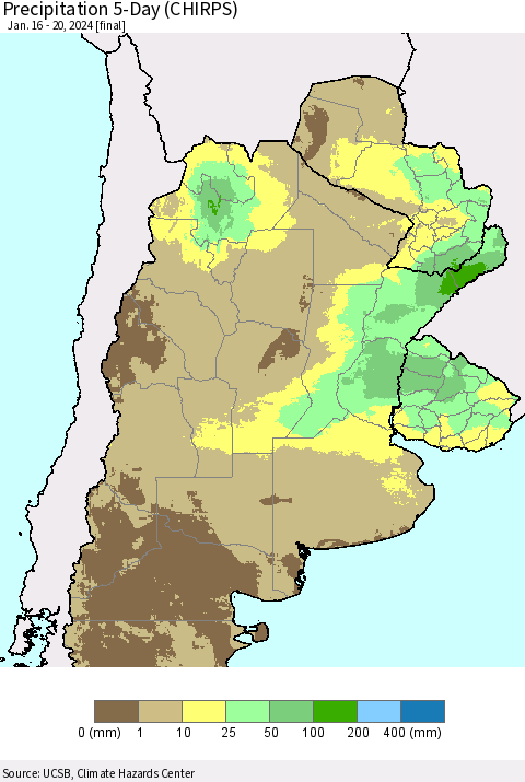 Southern South America Precipitation 5-Day (CHIRPS) Thematic Map For 1/16/2024 - 1/20/2024