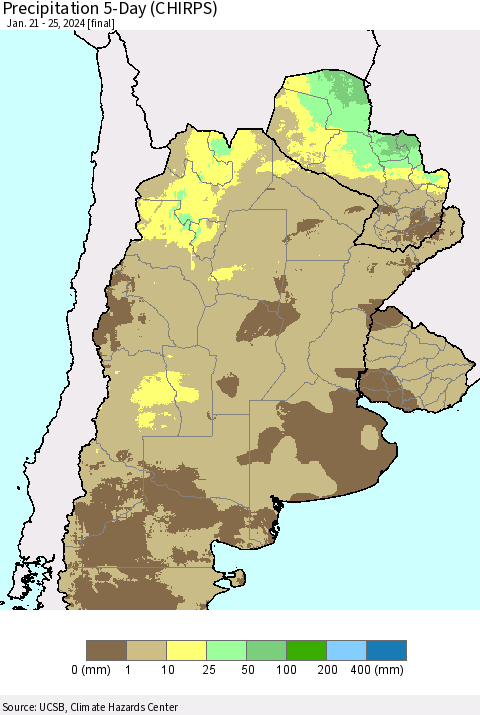 Southern South America Precipitation 5-Day (CHIRPS) Thematic Map For 1/21/2024 - 1/25/2024