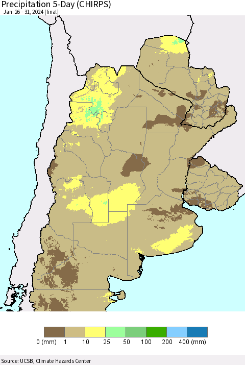 Southern South America Precipitation 5-Day (CHIRPS) Thematic Map For 1/26/2024 - 1/31/2024
