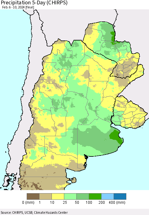 Southern South America Precipitation 5-Day (CHIRPS) Thematic Map For 2/6/2024 - 2/10/2024
