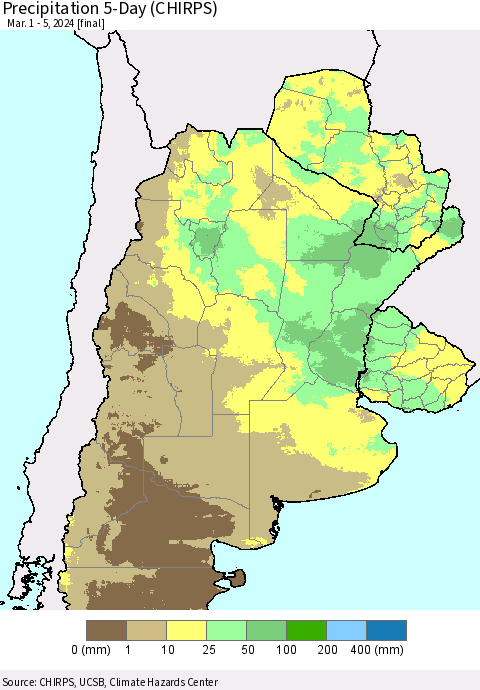 Southern South America Precipitation 5-Day (CHIRPS) Thematic Map For 3/1/2024 - 3/5/2024