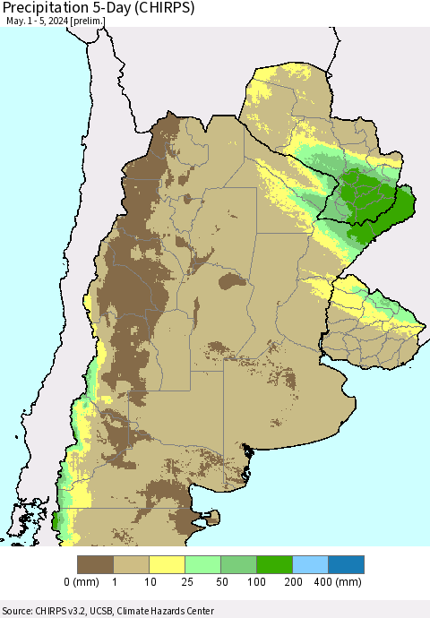Southern South America Precipitation 5-Day (CHIRPS) Thematic Map For 5/1/2024 - 5/5/2024