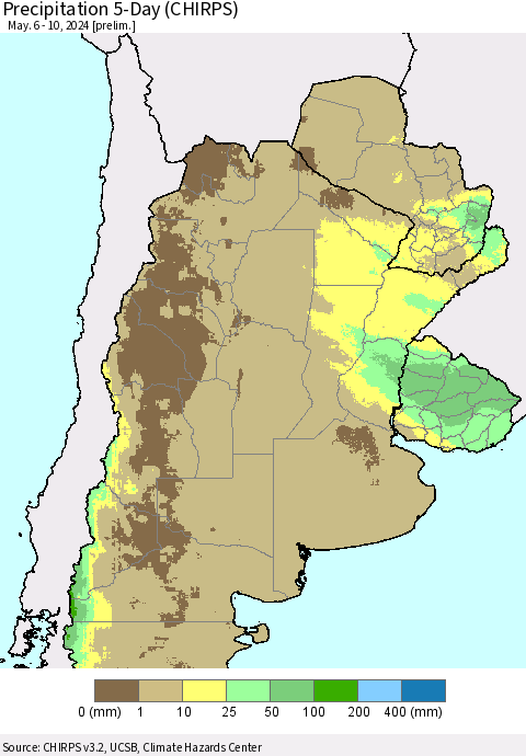 Southern South America Precipitation 5-Day (CHIRPS) Thematic Map For 5/6/2024 - 5/10/2024