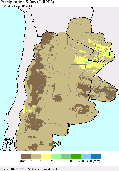 Southern South America Precipitation 5-Day (CHIRPS) Thematic Map For 5/11/2024 - 5/15/2024