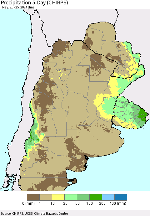 Southern South America Precipitation 5-Day (CHIRPS) Thematic Map For 5/21/2024 - 5/25/2024
