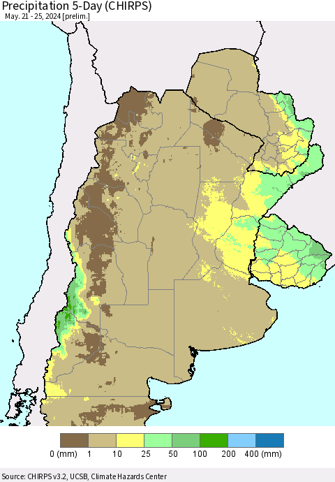 Southern South America Precipitation 5-Day (CHIRPS) Thematic Map For 5/21/2024 - 5/25/2024