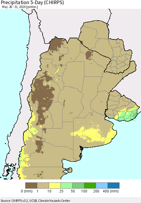 Southern South America Precipitation 5-Day (CHIRPS) Thematic Map For 5/26/2024 - 5/31/2024