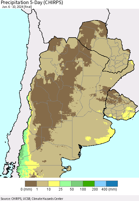 Southern South America Precipitation 5-Day (CHIRPS) Thematic Map For 6/6/2024 - 6/10/2024