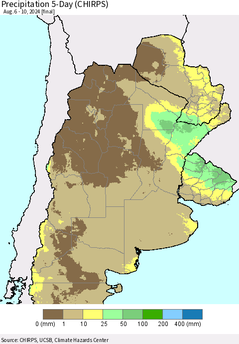 Southern South America Precipitation 5-Day (CHIRPS) Thematic Map For 8/6/2024 - 8/10/2024