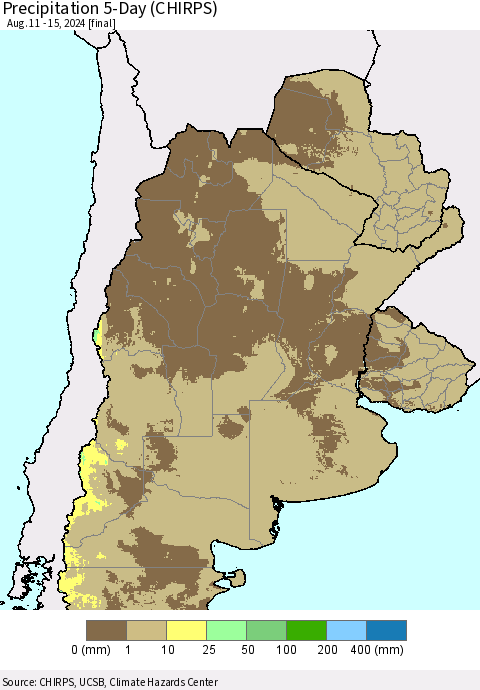 Southern South America Precipitation 5-Day (CHIRPS) Thematic Map For 8/11/2024 - 8/15/2024