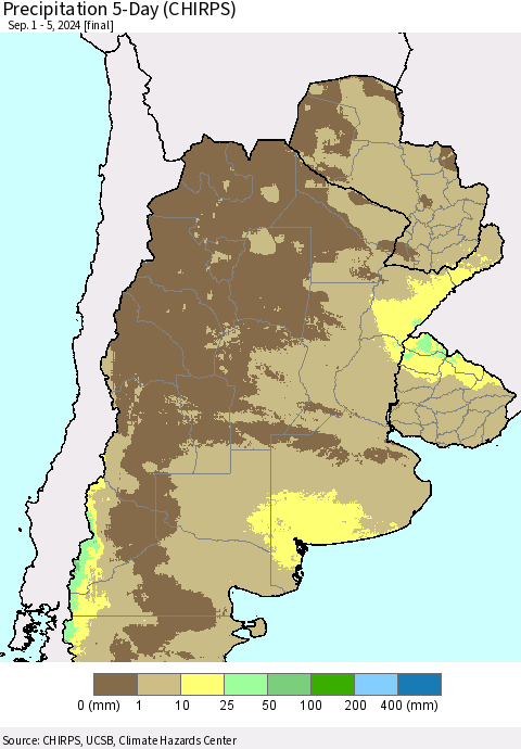Southern South America Precipitation 5-Day (CHIRPS) Thematic Map For 9/1/2024 - 9/5/2024