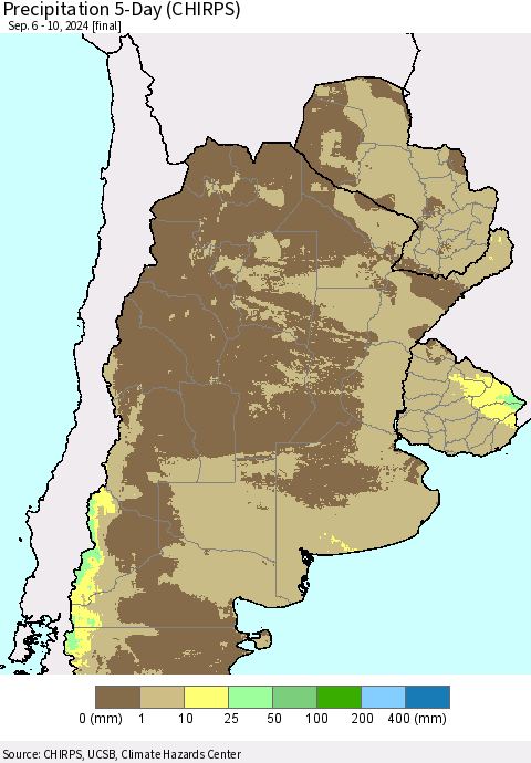 Southern South America Precipitation 5-Day (CHIRPS) Thematic Map For 9/6/2024 - 9/10/2024