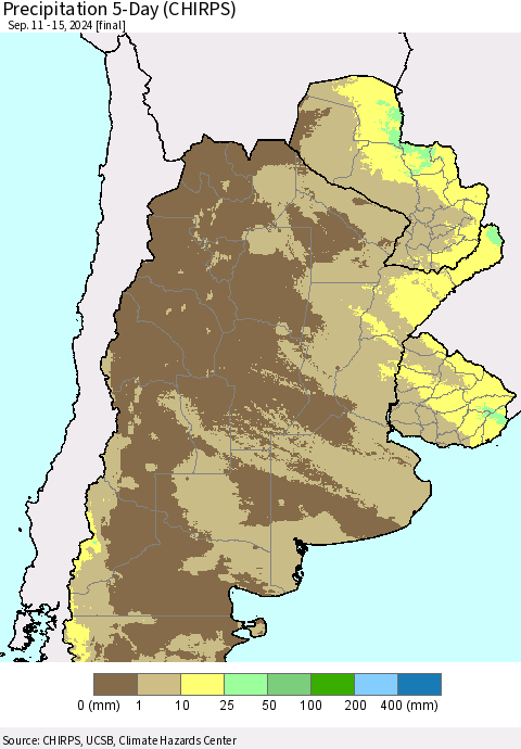 Southern South America Precipitation 5-Day (CHIRPS) Thematic Map For 9/11/2024 - 9/15/2024