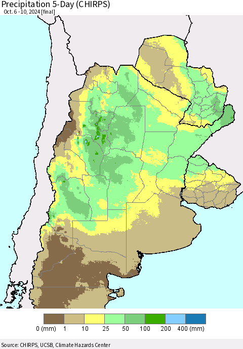 Southern South America Precipitation 5-Day (CHIRPS) Thematic Map For 10/6/2024 - 10/10/2024