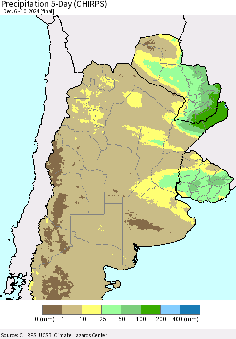 Southern South America Precipitation 5-Day (CHIRPS) Thematic Map For 12/6/2024 - 12/10/2024
