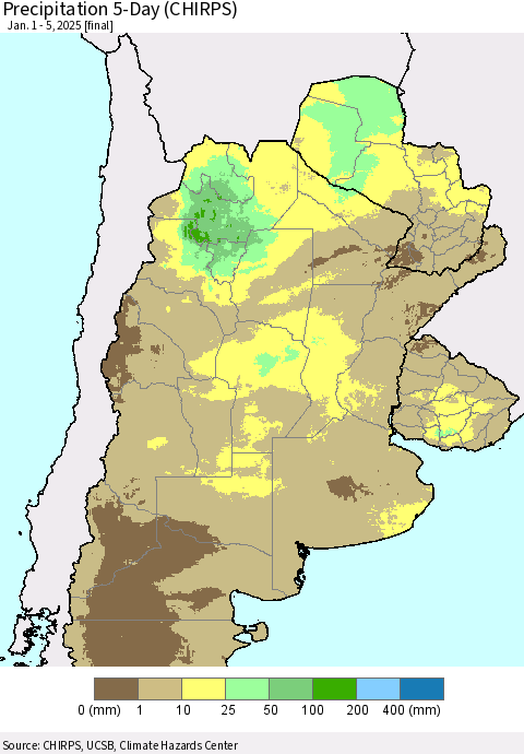 Southern South America Precipitation 5-Day (CHIRPS) Thematic Map For 1/1/2025 - 1/5/2025