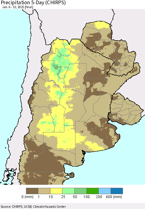 Southern South America Precipitation 5-Day (CHIRPS) Thematic Map For 1/6/2025 - 1/10/2025