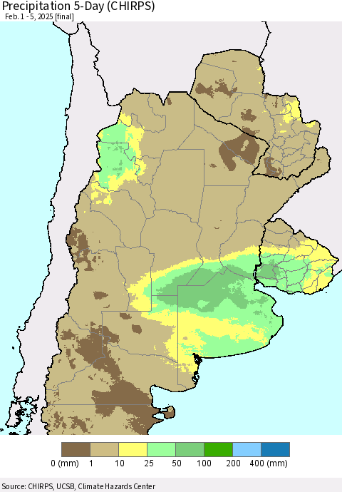 Southern South America Precipitation 5-Day (CHIRPS) Thematic Map For 2/1/2025 - 2/5/2025