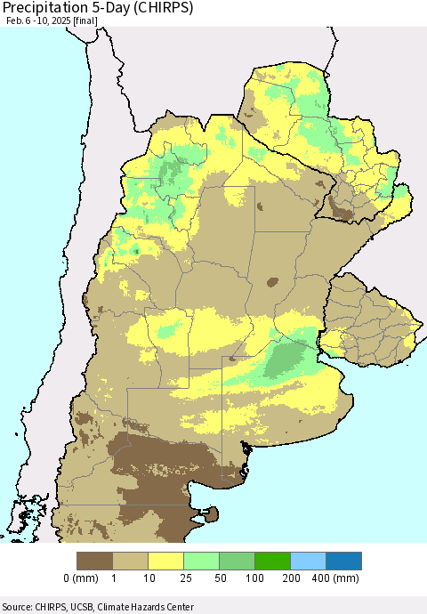 Southern South America Precipitation 5-Day (CHIRPS) Thematic Map For 2/6/2025 - 2/10/2025