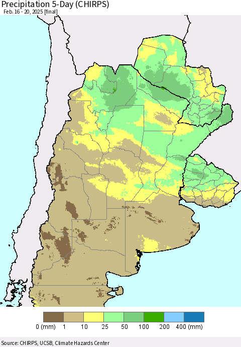 Southern South America Precipitation 5-Day (CHIRPS) Thematic Map For 2/16/2025 - 2/20/2025