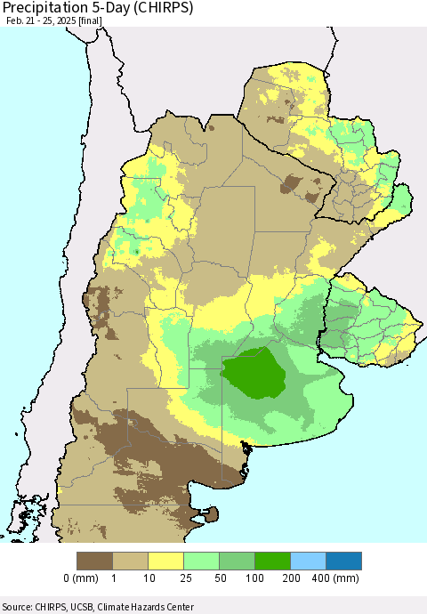 Southern South America Precipitation 5-Day (CHIRPS) Thematic Map For 2/21/2025 - 2/25/2025