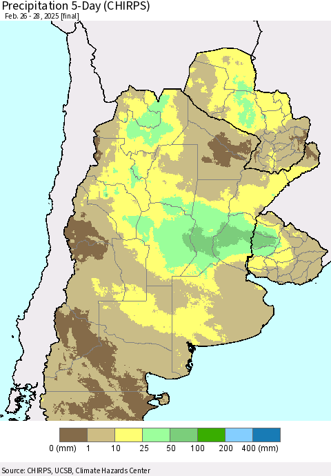 Southern South America Precipitation 5-Day (CHIRPS) Thematic Map For 2/26/2025 - 2/28/2025