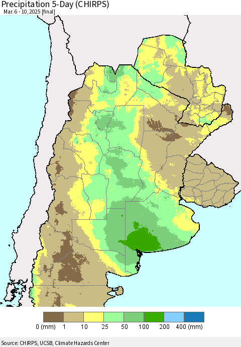 Southern South America Precipitation 5-Day (CHIRPS) Thematic Map For 3/6/2025 - 3/10/2025