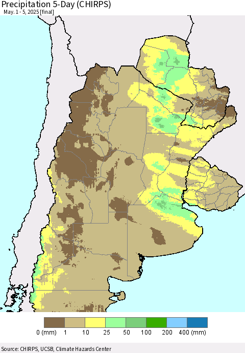 Southern South America Precipitation 5-Day (CHIRPS) Thematic Map For 5/1/2025 - 5/5/2025