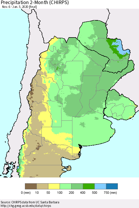 Southern South America Precipitation 2-Month (CHIRPS) Thematic Map For 11/6/2019 - 1/5/2020