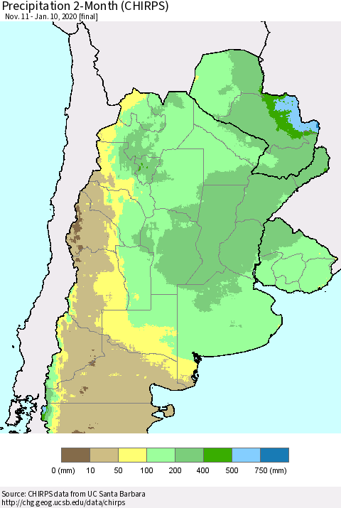 Southern South America Precipitation 2-Month (CHIRPS) Thematic Map For 11/11/2019 - 1/10/2020