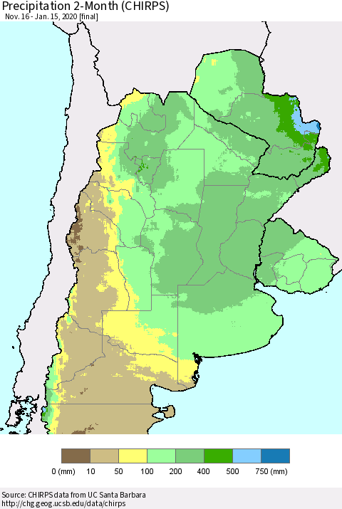 Southern South America Precipitation 2-Month (CHIRPS) Thematic Map For 11/16/2019 - 1/15/2020