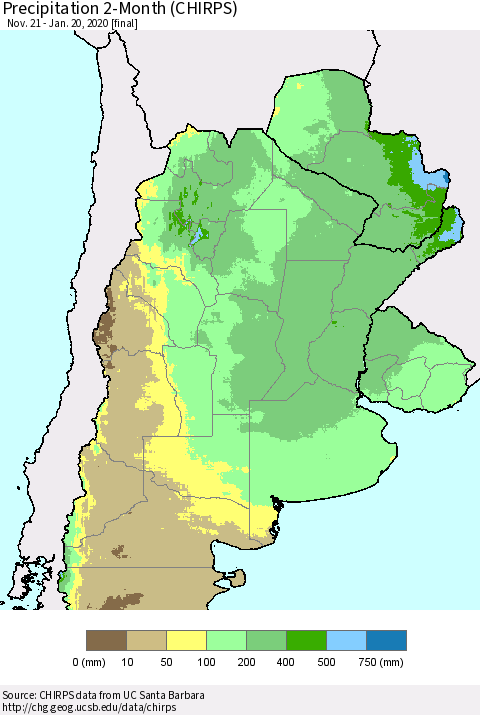 Southern South America Precipitation 2-Month (CHIRPS) Thematic Map For 11/21/2019 - 1/20/2020