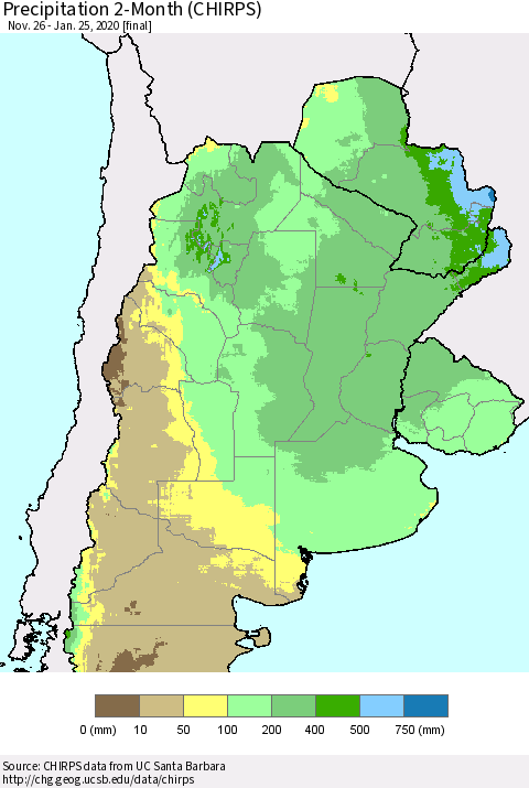Southern South America Precipitation 2-Month (CHIRPS) Thematic Map For 11/26/2019 - 1/25/2020