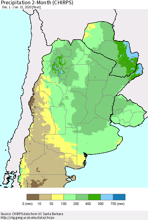 Southern South America Precipitation 2-Month (CHIRPS) Thematic Map For 12/1/2019 - 1/31/2020