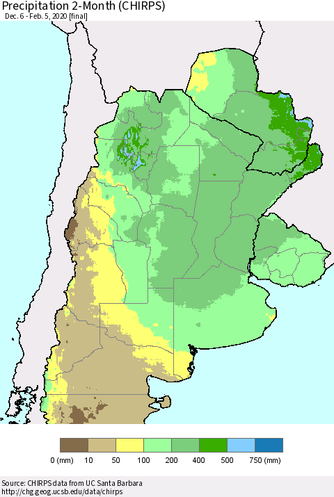 Southern South America Precipitation 2-Month (CHIRPS) Thematic Map For 12/6/2019 - 2/5/2020