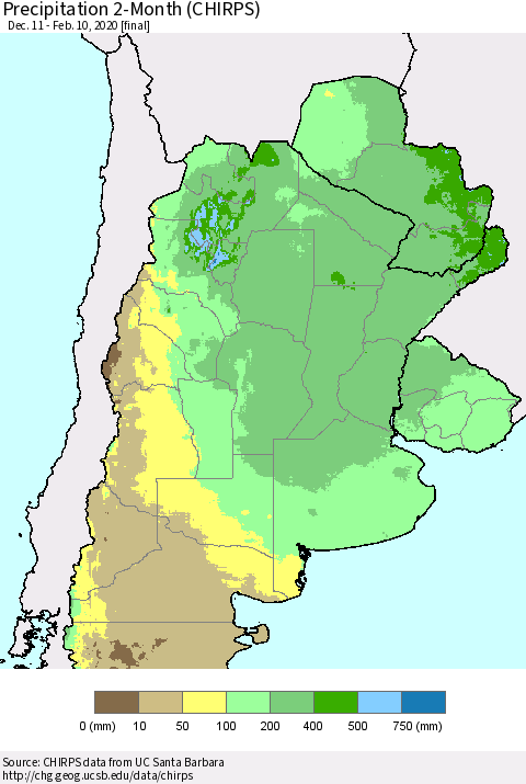 Southern South America Precipitation 2-Month (CHIRPS) Thematic Map For 12/11/2019 - 2/10/2020