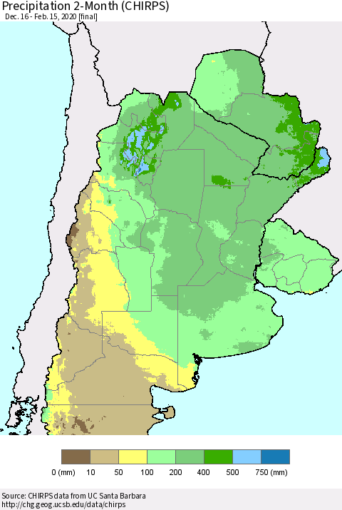 Southern South America Precipitation 2-Month (CHIRPS) Thematic Map For 12/16/2019 - 2/15/2020
